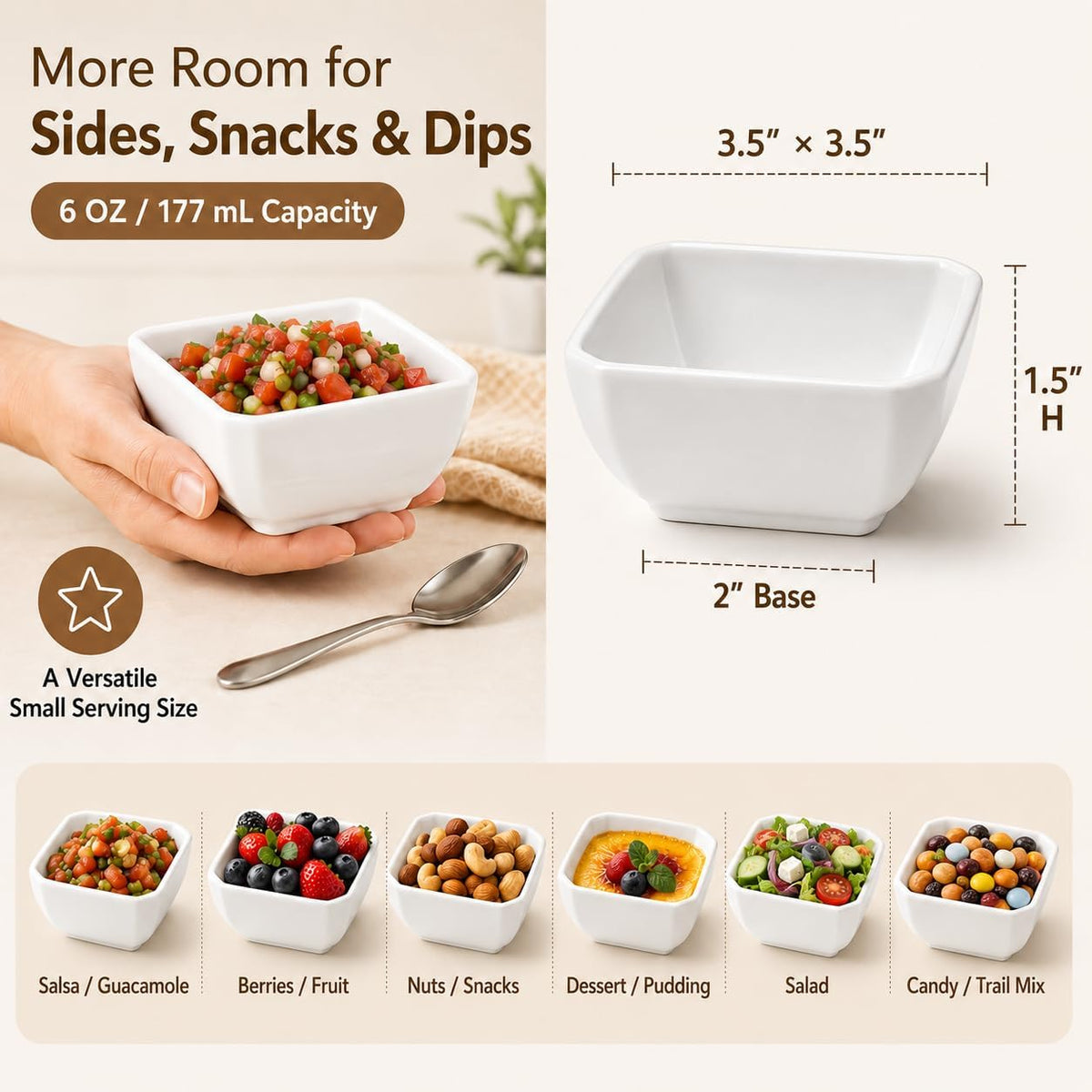 Ceramic Sauce Dipping Bowls, 6 OZ Small Square Ramekins, Set of 6