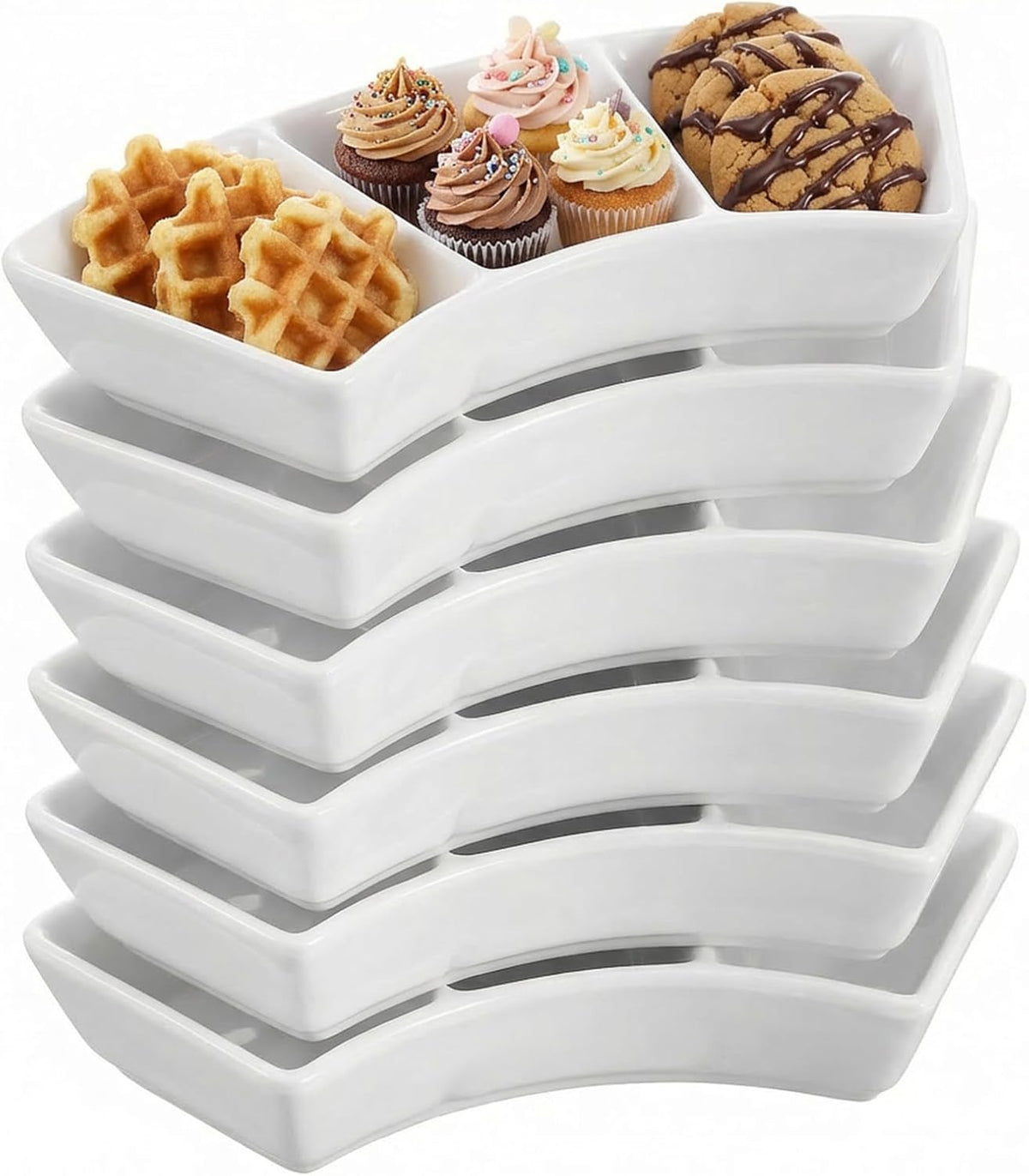 6 Pcs Ceramic Serving Bowls, 3 Compartment Dipping Sauce Dishes for Appetizers, Snacks, Fruit, Candy, Veggies, 5.9 x 1.4 Inches, White