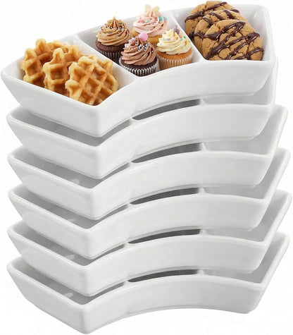 6 Pcs Ceramic Serving Bowls, 3 Compartment Dipping Sauce Dishes for Appetizers, Snacks, Fruit, Candy, Veggies, 5.9 x 1.4 Inches, White
