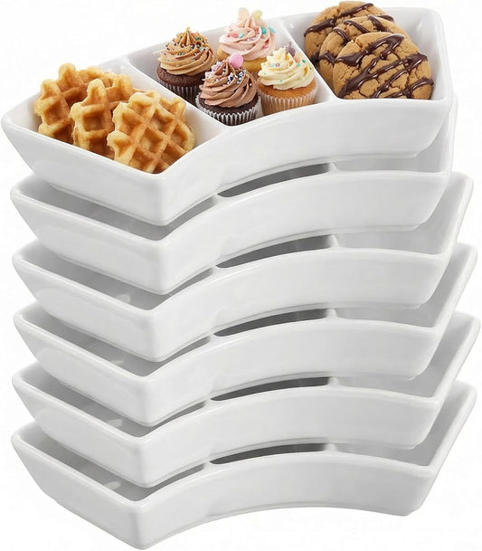 6 Pcs Ceramic Serving Bowls, 3 Compartment Dipping Sauce Dishes for Appetizers, Snacks, Fruit, Candy, Veggies, 5.9 x 1.4 Inches, White
