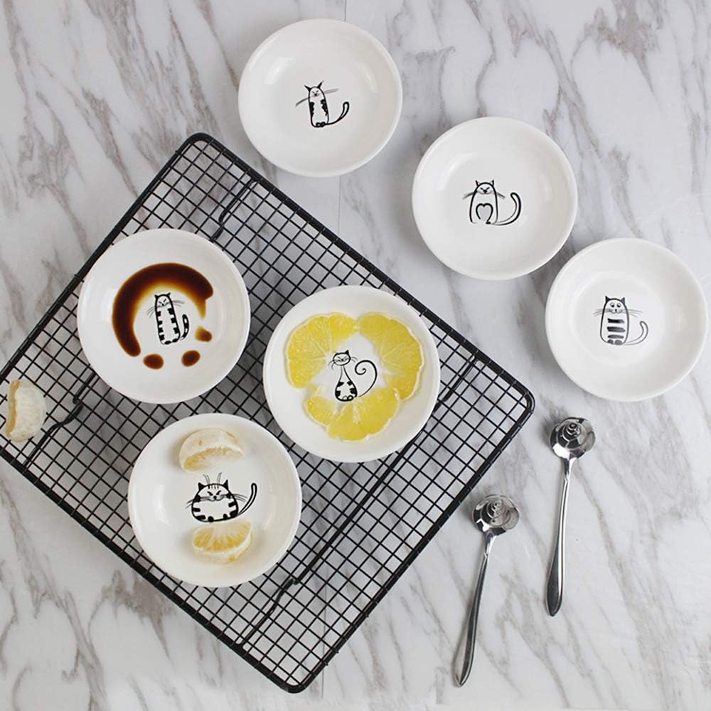 FUYU 6pcs Cute Cat Ceramic Sauce Plate, Snack Plate, Side Dish, 4 inches