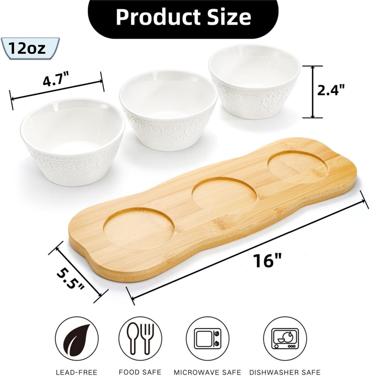 Covzoe Chips and Dip Serving Bowl Set with Bamboo Tray
