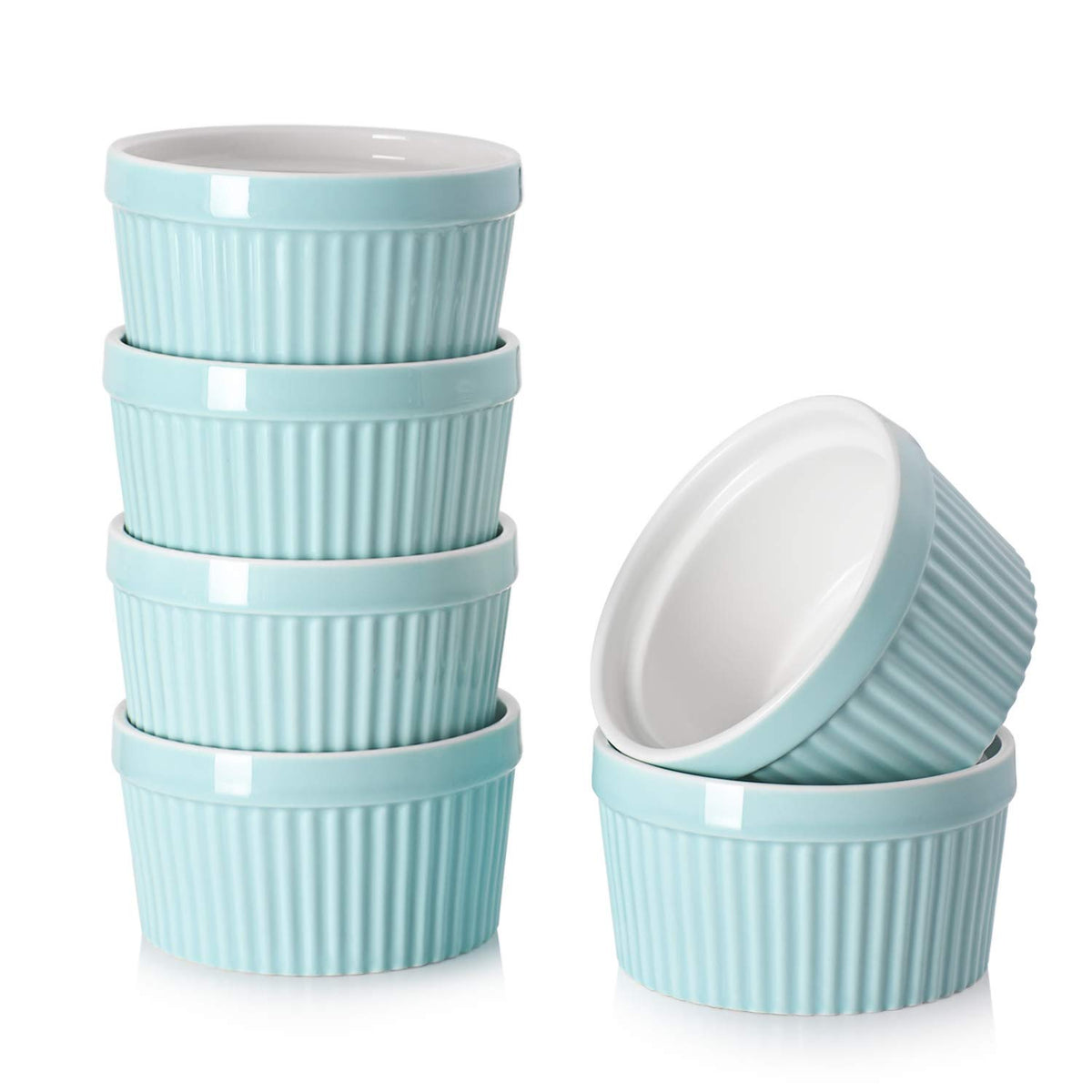 DOWAN 4 oz Ceramic Ramekins Set of 6, Oven Safe Souffle Dishes for Air Fryer Baking, Mini Round Baking Cups for Creme Brulee, Dipping Sauces, Desserts and Prep Bowls, White