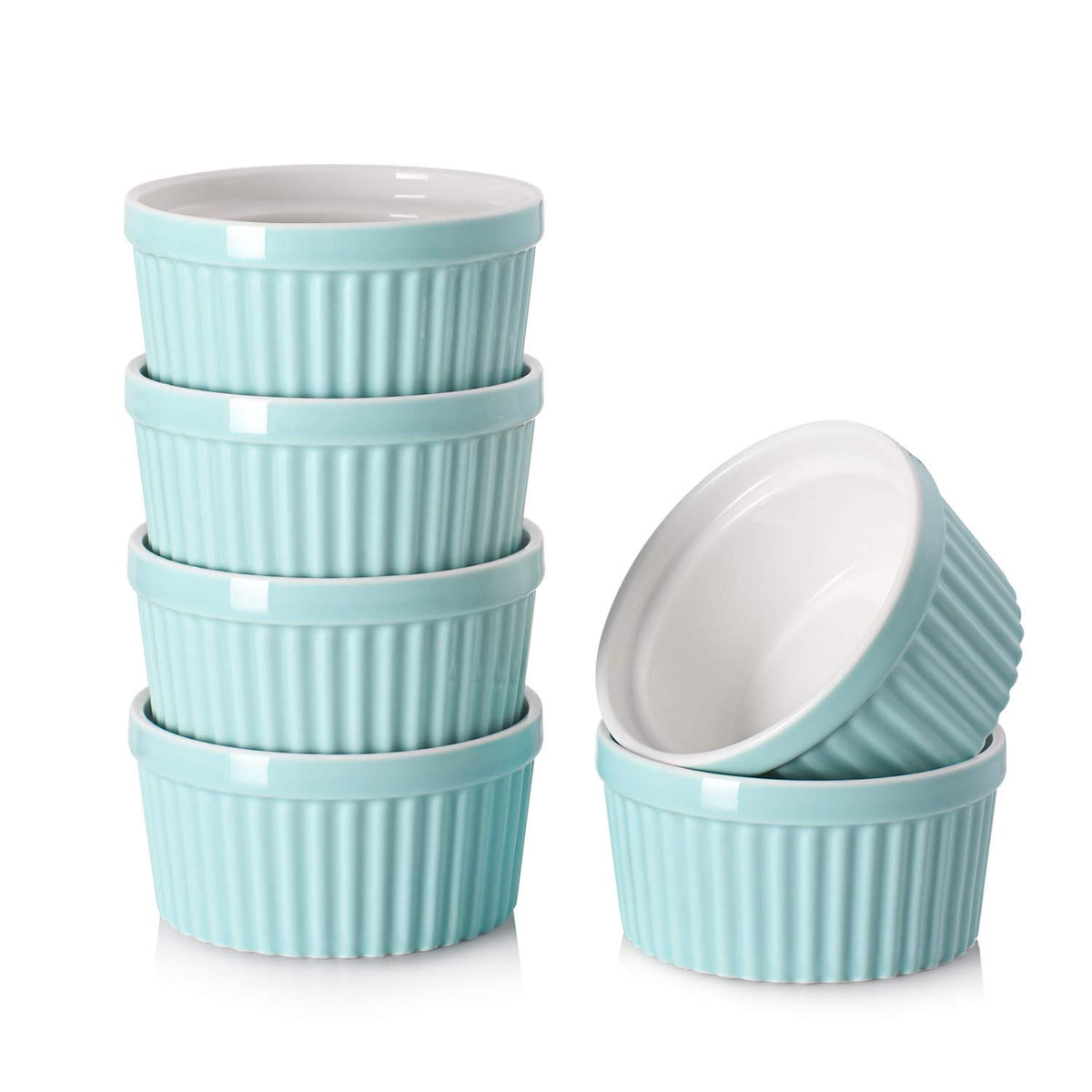 DOWAN 4 oz Ceramic Ramekins Set of 6, Oven Safe Souffle Dishes for Air Fryer Baking, Mini Round Baking Cups for Creme Brulee, Dipping Sauces, Desserts and Prep Bowls, White