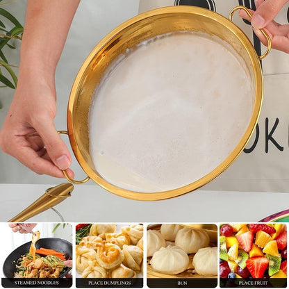 11 Inch Stainless Steel Steaming Tray, Cold Noodle Plate w/Folding Hot Dish Plate Clip, Round Big Egg Drip Pan, Silver