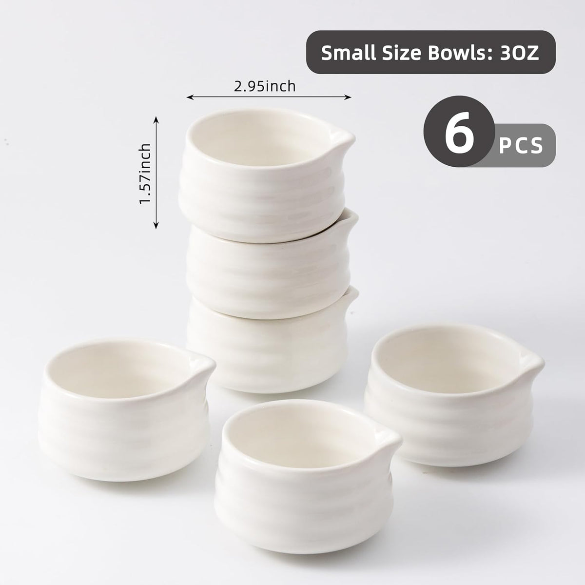 Ceramic Small Sauce Bowls with Spout, White, 3OZ, Set of 6
