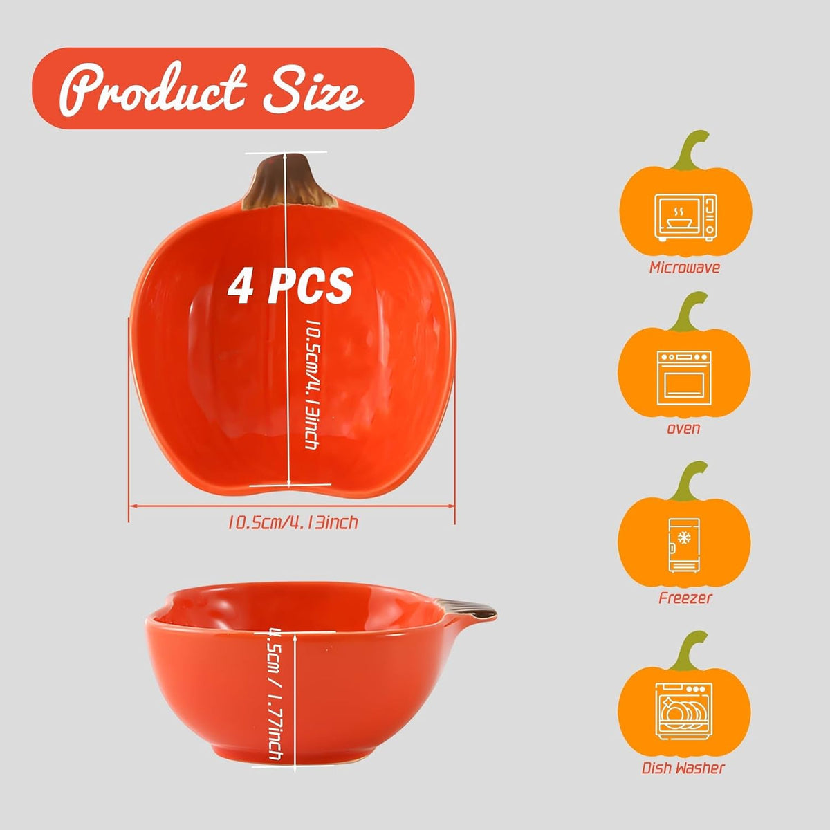Pumpkin Ceramic Dipping Bowls - Soy Sauce Dishes Set, 4 Pack Small Dip Bowls for Side Dish, Ketchup BBQ Party