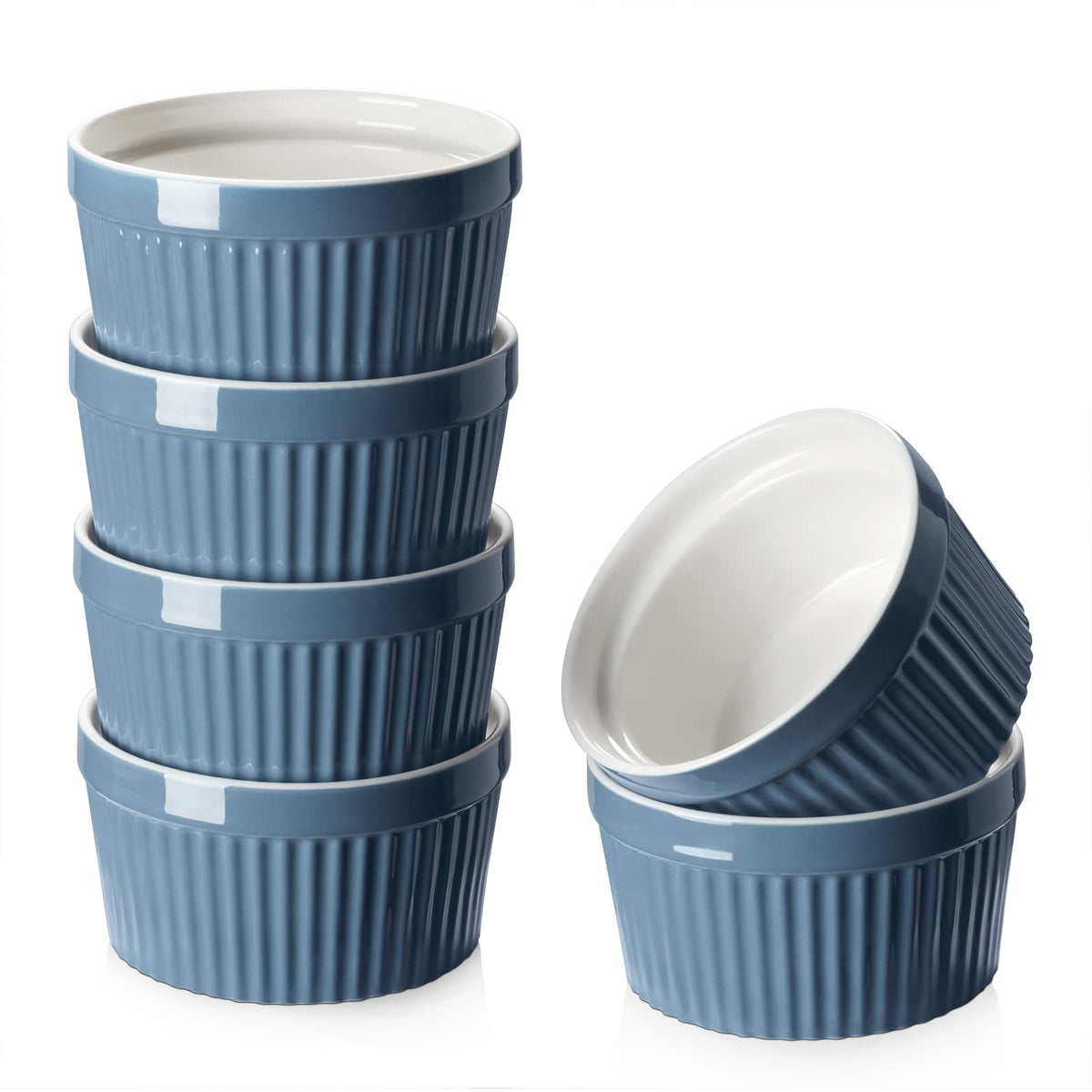 DOWAN 4 oz Ceramic Ramekins Set of 6, Oven Safe Souffle Dishes for Air Fryer Baking, Mini Round Baking Cups for Creme Brulee, Dipping Sauces, Desserts and Prep Bowls, White