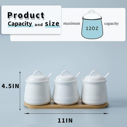 Porcelain Condiment Jar 3 Pack Set with Tray, 12 Ounces White