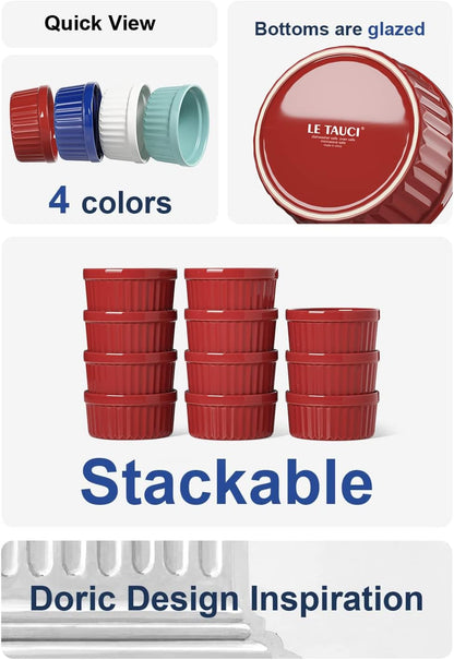 LE TAUCI Ramekins Oven Safe, 4 OZ, Set of 6, Red