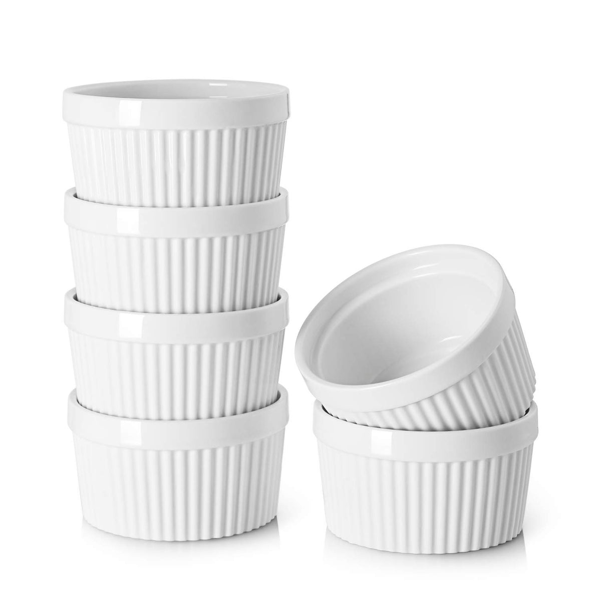 DOWAN 4 oz Ceramic Ramekins Set of 6, Oven Safe Souffle Dishes for Air Fryer Baking, Mini Round Baking Cups for Creme Brulee, Dipping Sauces, Desserts and Prep Bowls, White