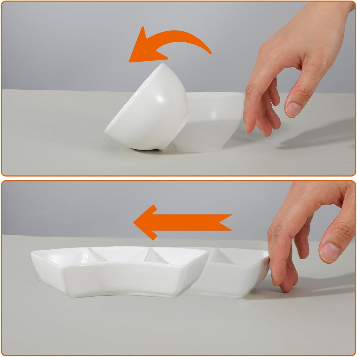 6 Pcs Ceramic Serving Bowls, 3 Compartment Dipping Sauce Dishes for Appetizers, Snacks, Fruit, Candy, Veggies, 5.9 x 1.4 Inches, White