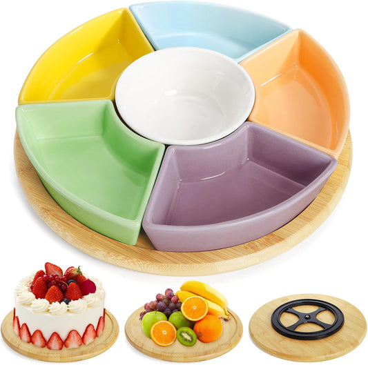 AVLA 11" Ceramic Divided Serving Dishes, Lazy Susan Party Appetizer Platter, 6 Removable Snack Bowl with Rotatable Bamboo Tray, Porcelain Relish Tray for Chips and Dips, Candy, Nut, Condiment, Veggie