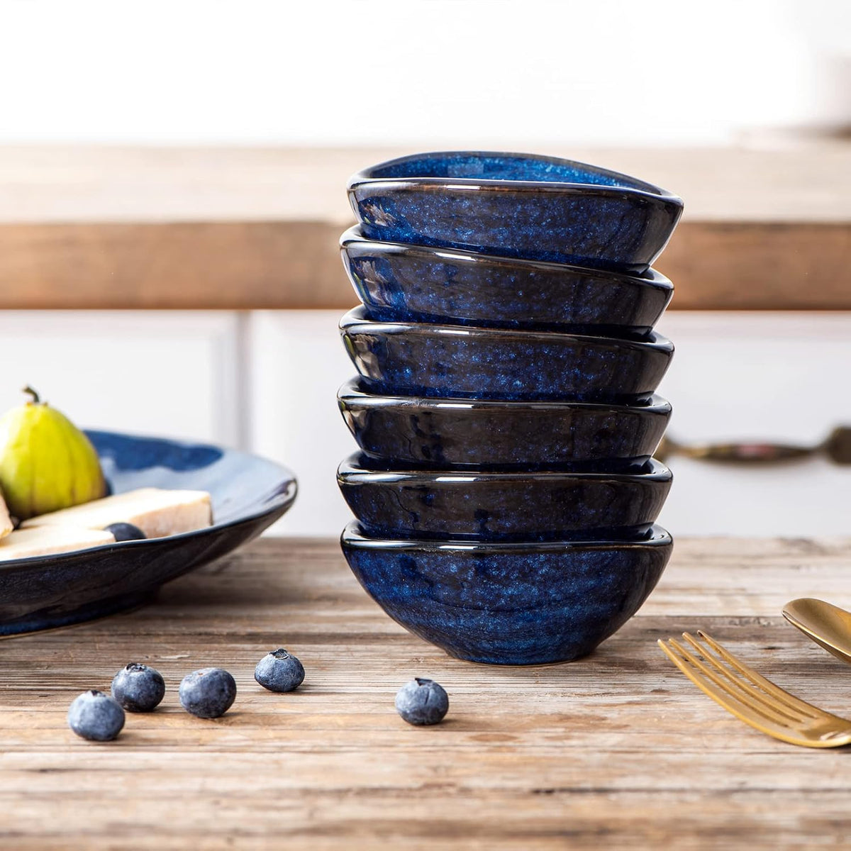vicrays Ceramic Dipping Sauce Bowls – Small Charcuterie Dip Cups Cooking Prep Condiment Oil Dish Mini Tapas Plates for Soy Sushi Salsas Wasabi Appetizer Dessert - Set of 6 Blue