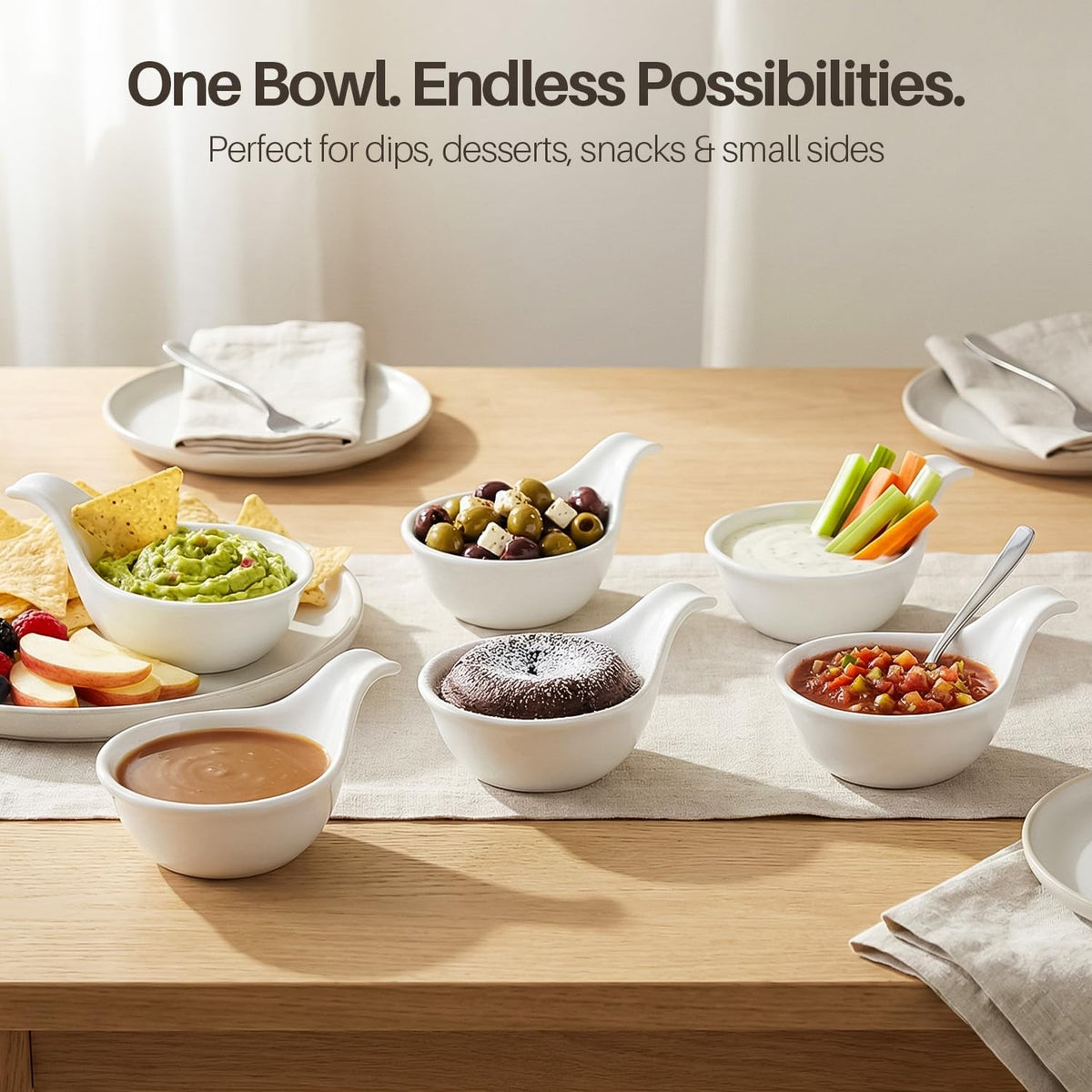 Flexzion Small Dipping Bowls with Handles, Ceramic White, 3 oz, 6-Pack