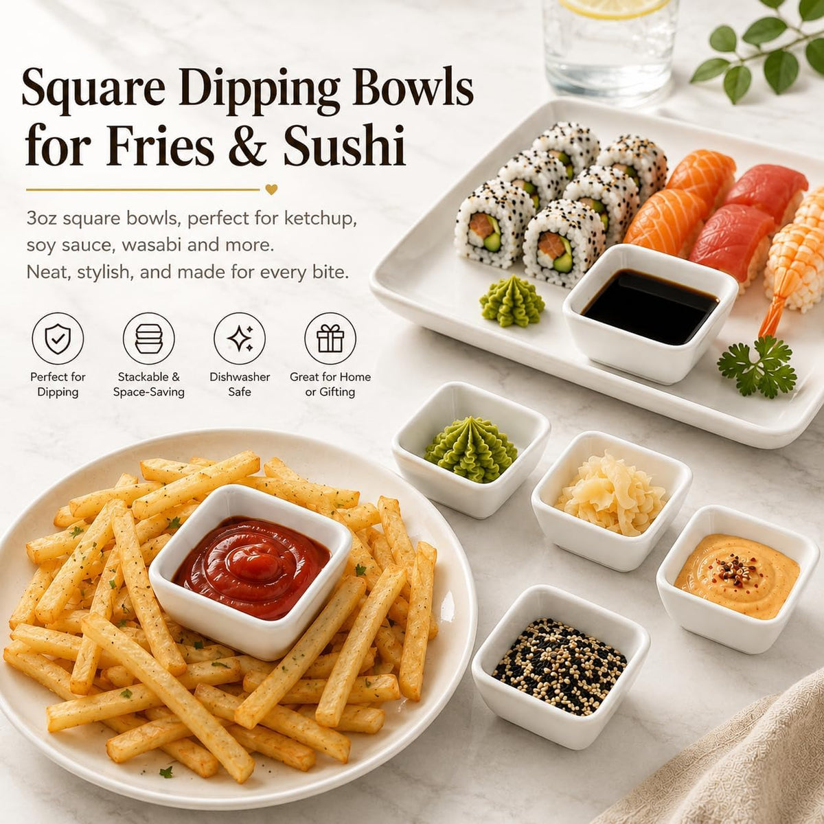 3 OZ Square Dip Bowls Set of 6, White Ceramic Dipping Sauce Dishes