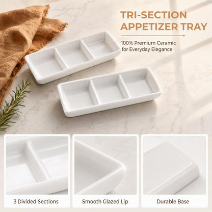 DOITOOL 6 Inch Mini 3 Compartment Appetizer Serving Tray White Ceramic Rectangular Divided Sauce Dishes Chips Dip Sauce Dishes for 14.8 x 6 x 2 cm