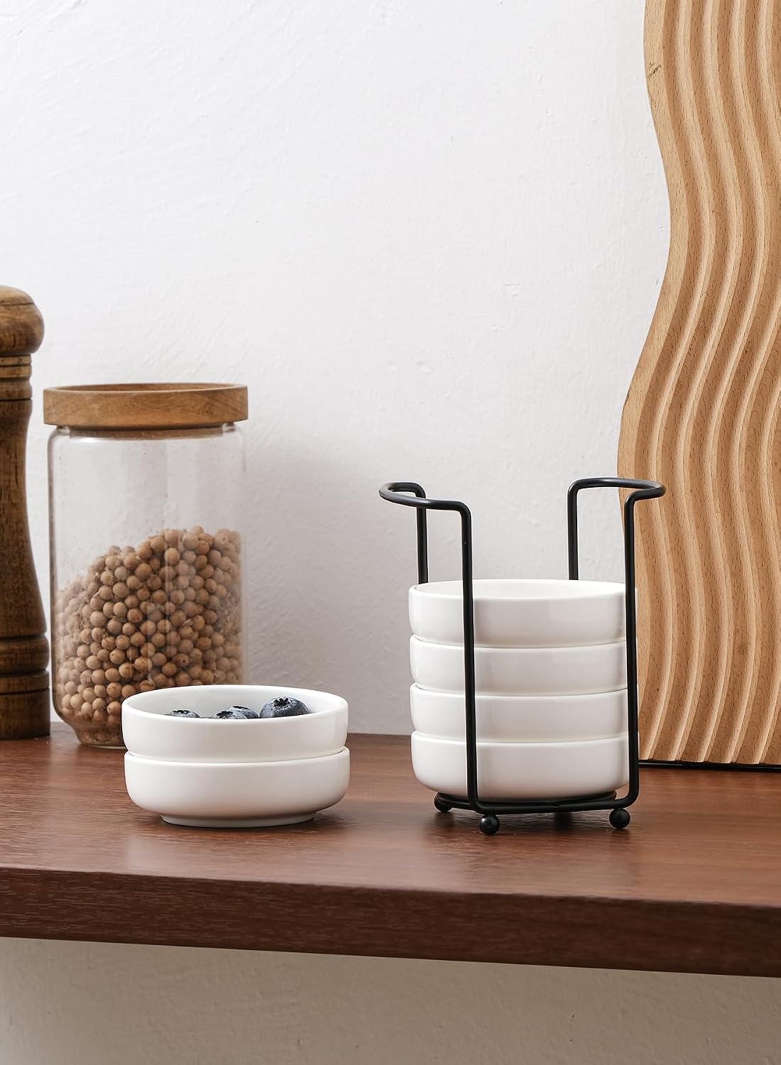 YJR Ceramic Japanese Side Dishes, Seasoning Dishes, Dipping Bowls - 3.5 Inch, with Metal Stand for Ketchup Soy Sauce BBQ Party, Set of 6, White