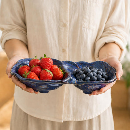 11-Inch Ceramic Divided Serving Bowl, 2-Compartment Appetizer Dish Blue