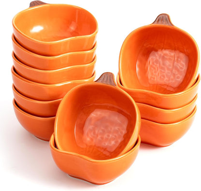 12 Pack Ceramic Pumpkin Bowls, 6 oz Small Fall Ramekins, Pumpkin Shaped Dishes for Halloween Thanksgiving Candy Snack Dip Sauce, Orange Mini Bowls for Autumn Party Decor