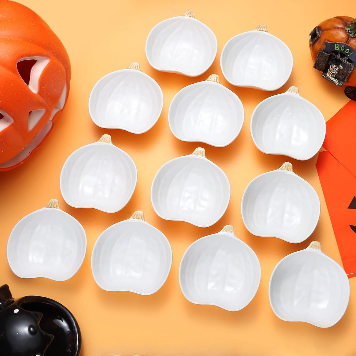 Kolewo4ever 12 Pieces Pumpkin Ramekins Fall Ramekins Ceramic Bowls Pumpkin Bowl 6 oz Oven Safe Ramekin for Thanksgiving Bowl Dip, Sauce, Condiments,Snack (Ivory White)