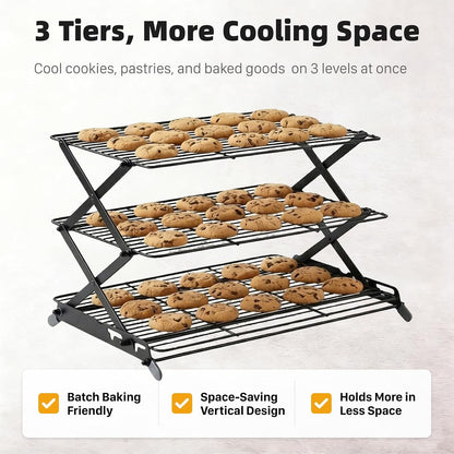 3-Tier Collapsible Cooling Rack, Adjustable Wire Baking Rack, Black