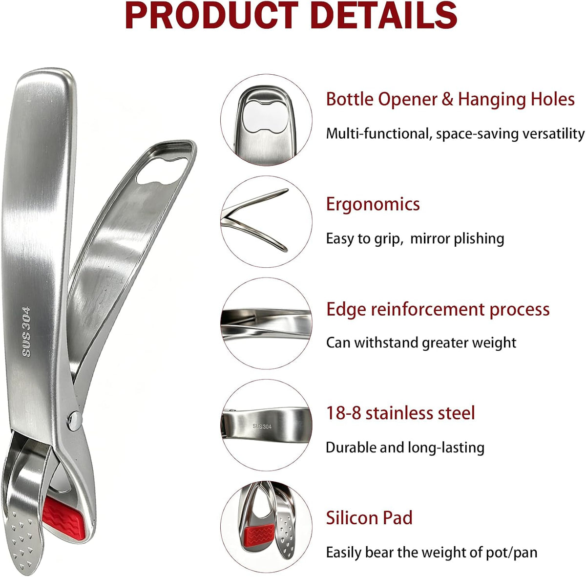 2 Pack Hot Plate Gripper Tongs, 304 Stainless Steel Anti-Scald, Non-Slip Pan Pot Gripper, Multi-Purpose Bowl Holder Clip, Air Fryer Pans Gripper for Pizza Pan Microwave Oven Steamer Kitchen