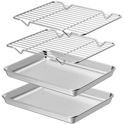 Wildone Baking Sheet & Rack Set [2 Sheets + 2 Racks], Stainless Steel Cookie Pan with Cooling Rack, Size 16 x 12 x 1 Inch, Non Toxic & Heavy Duty & Easy Clean
