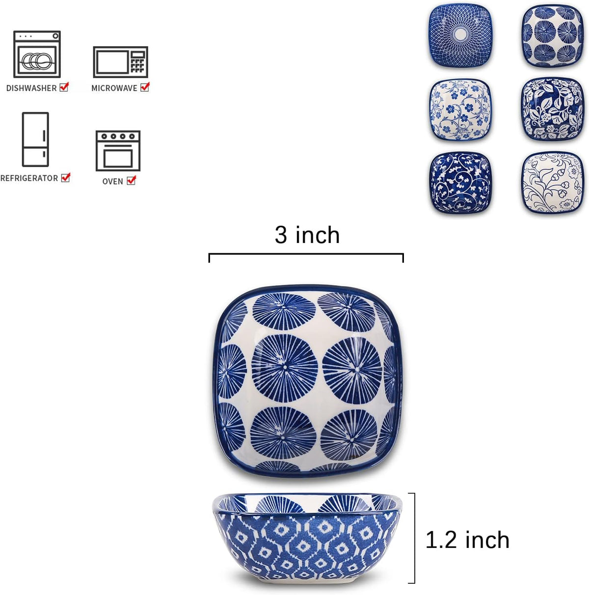 Selamica Ceramic 2.6 OZ Square Dipping Bowl Set, Set of 6, Vintage Blue