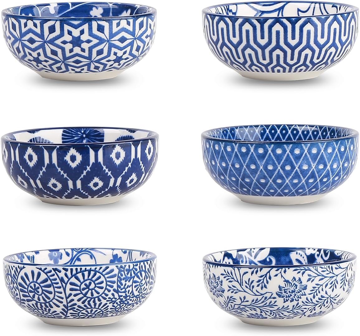 Selamica Ceramic 2.6 OZ Square Dipping Bowl Set, Set of 6, Vintage Blue