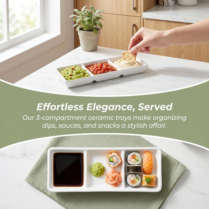 2Pcs Ceramic 3 Compartment Appetizer Serving Tray Rectangular Divided Sauce Dishes Ceramic Serving Platters for Soy Sauce Spice Dip Snacks