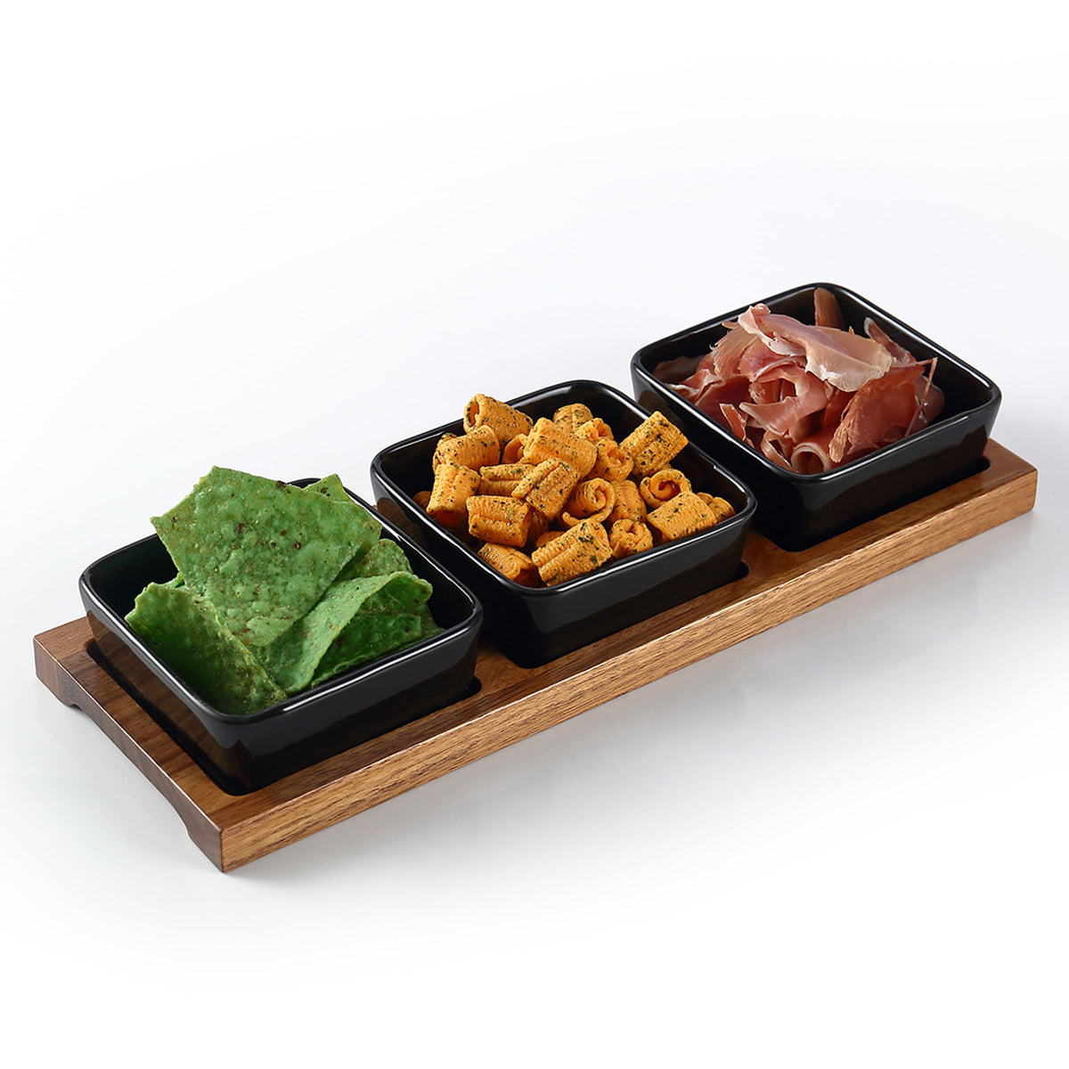 3 Pack Chip & Dip Serving Set with Wooden Tray, Oven Safe Bowls for Parties, Hosting Gifts, Cranberry/Soy Sauce Dish & Entertaining Essentials