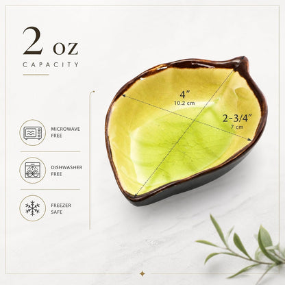 Jucoan 12 Pack Ceramic Soy Sauce Dish, 4 Inch 2 Oz Leaf Shape Small Sauce Dishes for Sushi, Gyoza, Dumplings, Potstickers, Soy Sauce, Vinegar, Wasabi, Oil, Japanese Style Soy Dipping Bowls Set