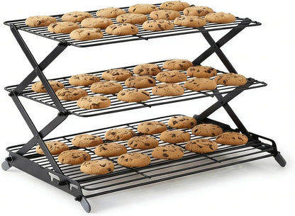 3-Tier Collapsible Cooling Rack, Adjustable Wire Baking Rack, Black