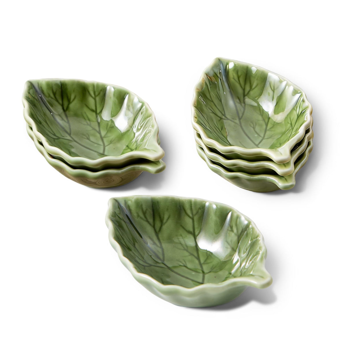 Ceramic Soy Sauce Dishes, Green Leaf Shape Dipping Bowls, 1.5OZ