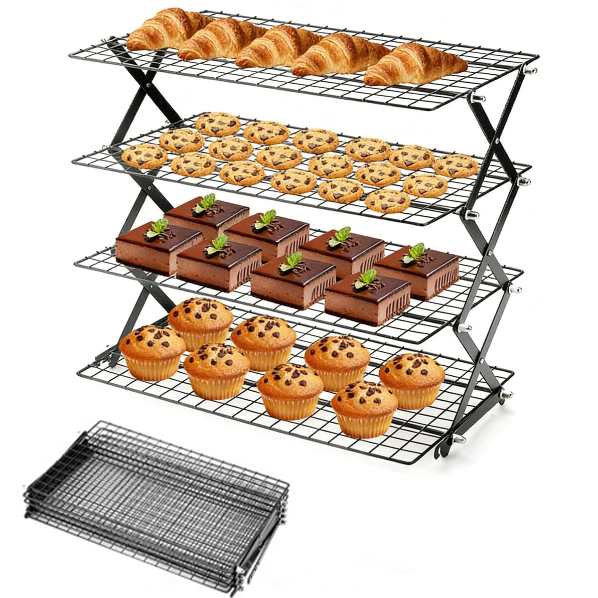 2-Tier Collapsible Cooling Racks, Detachable Wire Cooling Rack Stackable Drying Rack for Cookie Bread Pizza Baking, Fruits, Snacks Perfect for Outdoor Camping