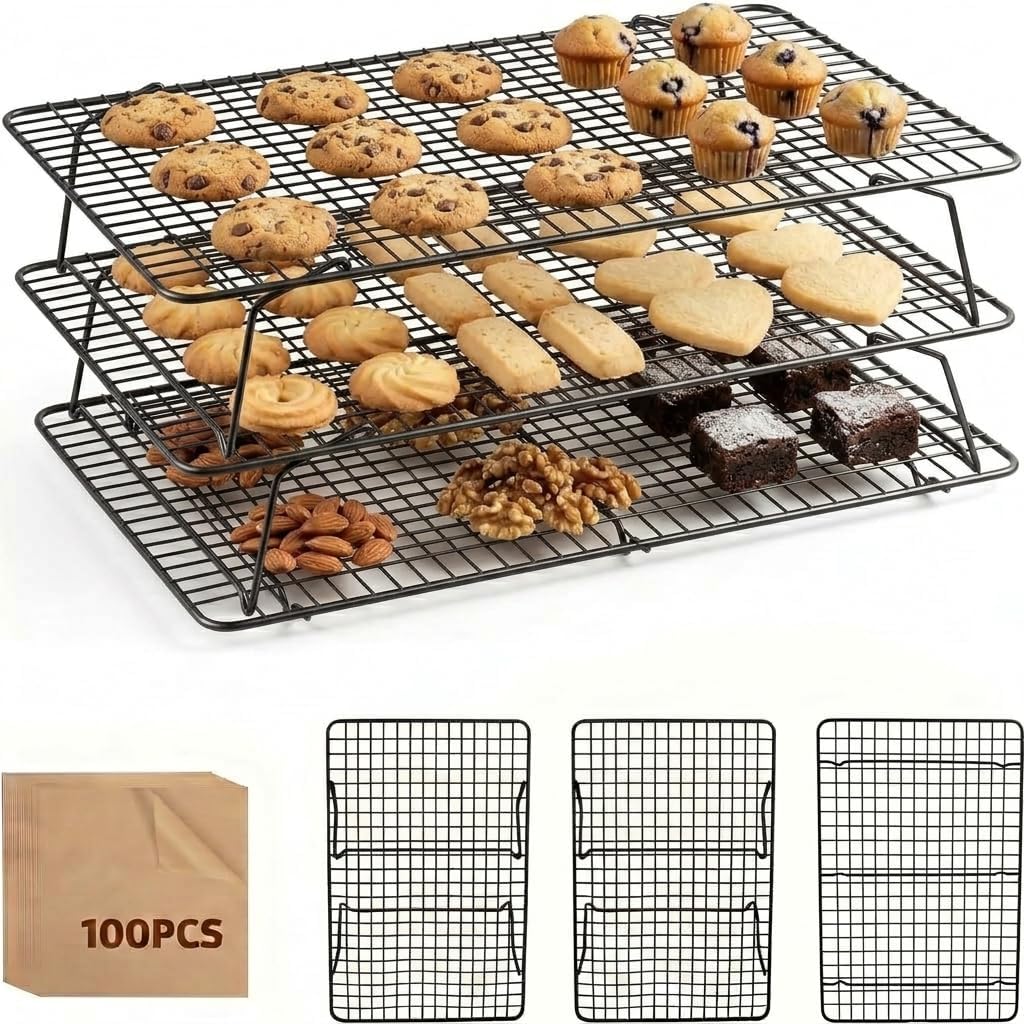 Cooling Racks for Baking, 3-Tier Stackable Stainless Steel Wire Cooling Rack Set of 3 (10"x15") with 100 Paper, Oven Safe Heavy Duty Rust-Resistant Wire Rack for Cookie Sheet Roasting Grilling.