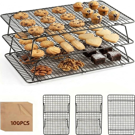 Cooling Racks for Baking, 3-Tier Stackable Stainless Steel Wire Cooling Rack Set of 3 (10"x15") with 100 Paper, Oven Safe Heavy Duty Rust-Resistant Wire Rack for Cookie Sheet Roasting Grilling.