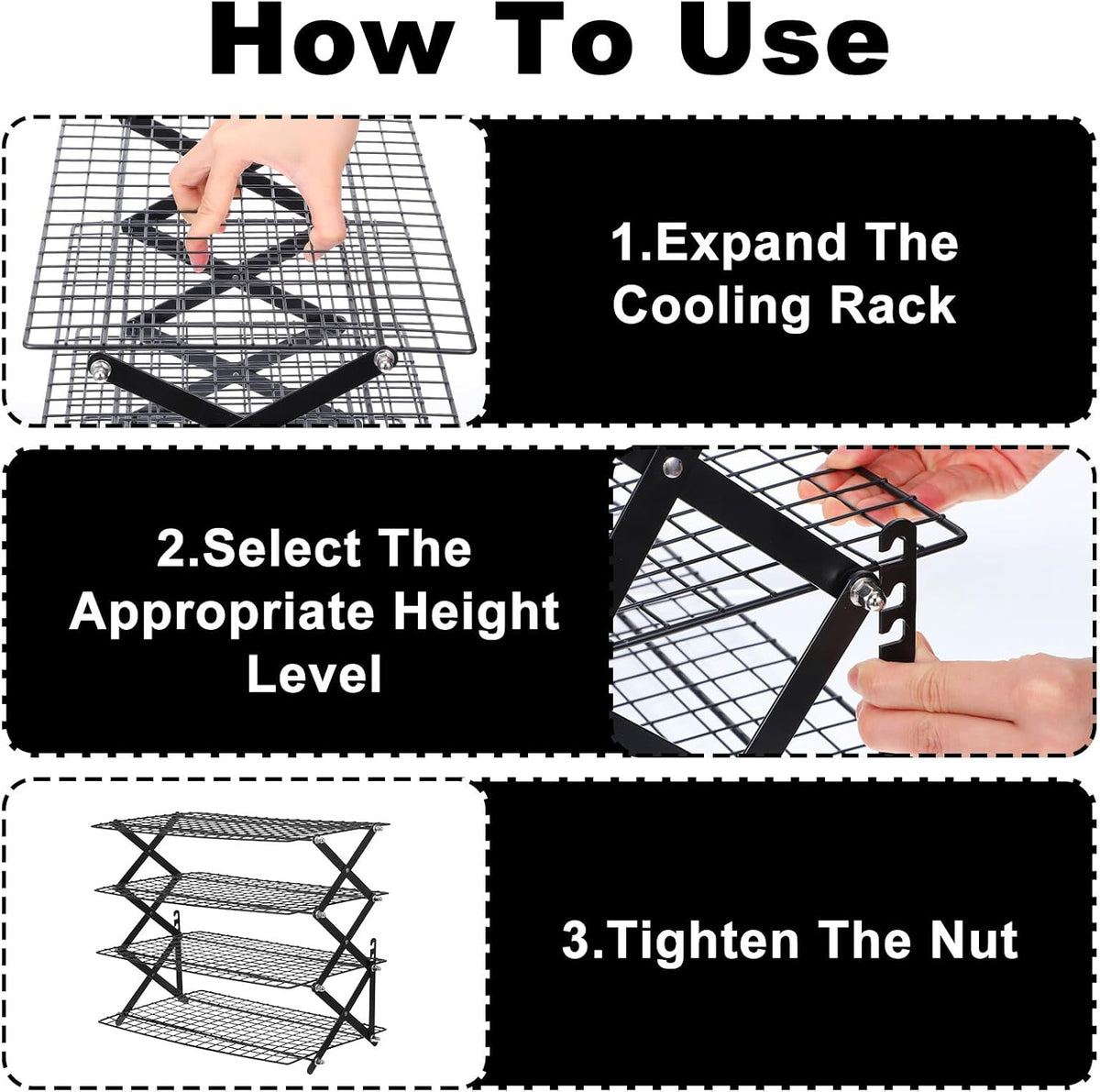 4 Tier Cooling Rack Adjustable Stackable Non-Stick Wire Rack Stainless Steel Baking Racks with Leak-Proof Mesh X-Shaped Structure for Roasting Cooking Cookies Cakes Drying Picnic Party