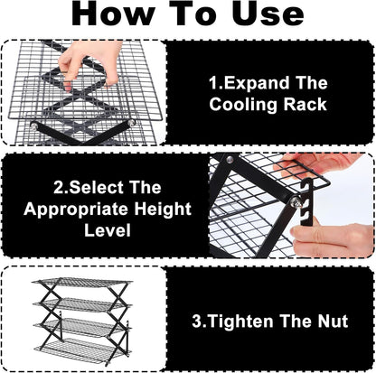 4 Tier Cooling Rack Adjustable Stackable Non-Stick Wire Rack Stainless Steel Baking Racks with Leak-Proof Mesh X-Shaped Structure for Roasting Cooking Cookies Cakes Drying Picnic Party