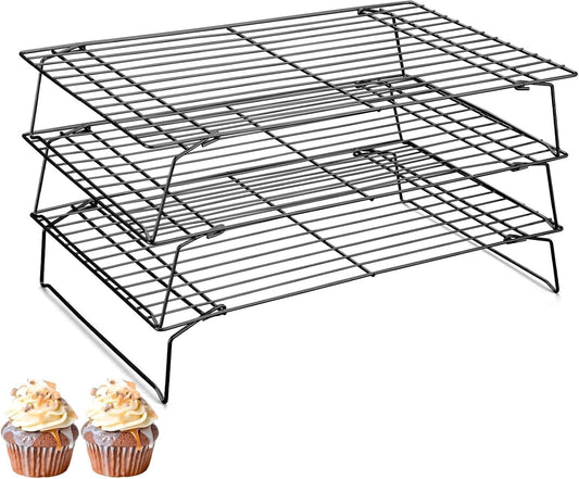 Pleafind Stackable Cooling Rack Set - 3 Pieces 16 x 10 Inch Stainless Steel Roasting Rack, Heavy Duty Cooling Racks for Cooking and Baking, Oven and Dishwasher Safe Bacon Rack, Black