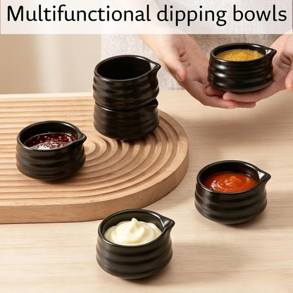 Ceramic Small Sauce Bowls with Spout, Matt Black, 3OZ, Set of 6
