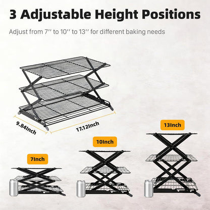 3-Tier Collapsible Cooling Rack, Adjustable Wire Baking Rack, Black