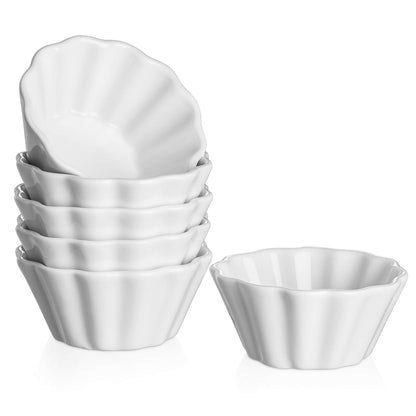 DOWAN Porcelain Ramekins - Oven Safe Serving Bowls for Souffle, Creme Brulee and Dipping Sauces, Flower Shape Ramekins for Baking (4OZ, White)