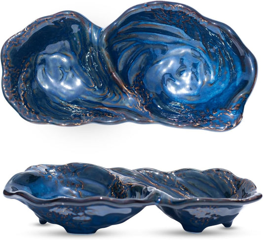 11-Inch Ceramic Divided Serving Bowl, 2-Compartment Appetizer Dish Blue
