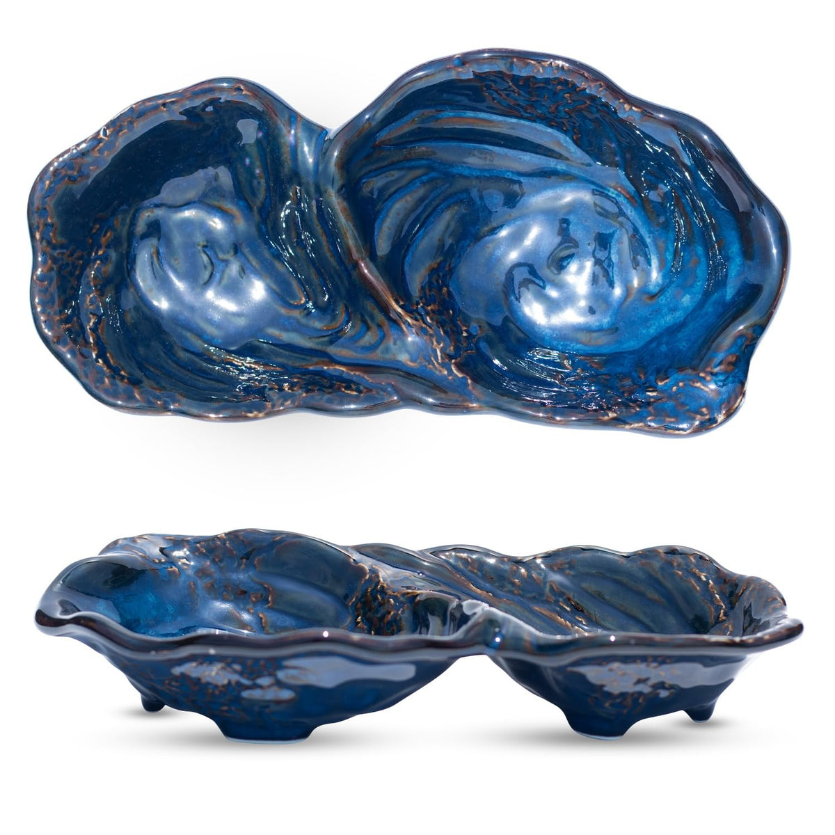 11-Inch Ceramic Divided Serving Bowl, 2-Compartment Appetizer Dish Blue