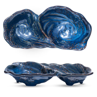 11-Inch Ceramic Divided Serving Bowl, 2-Compartment Appetizer Dish Blue