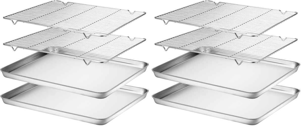 Wildone Baking Sheet & Rack Set [2 Sheets + 2 Racks], Stainless Steel Cookie Pan with Cooling Rack, Size 16 x 12 x 1 Inch, Non Toxic & Heavy Duty & Easy Clean