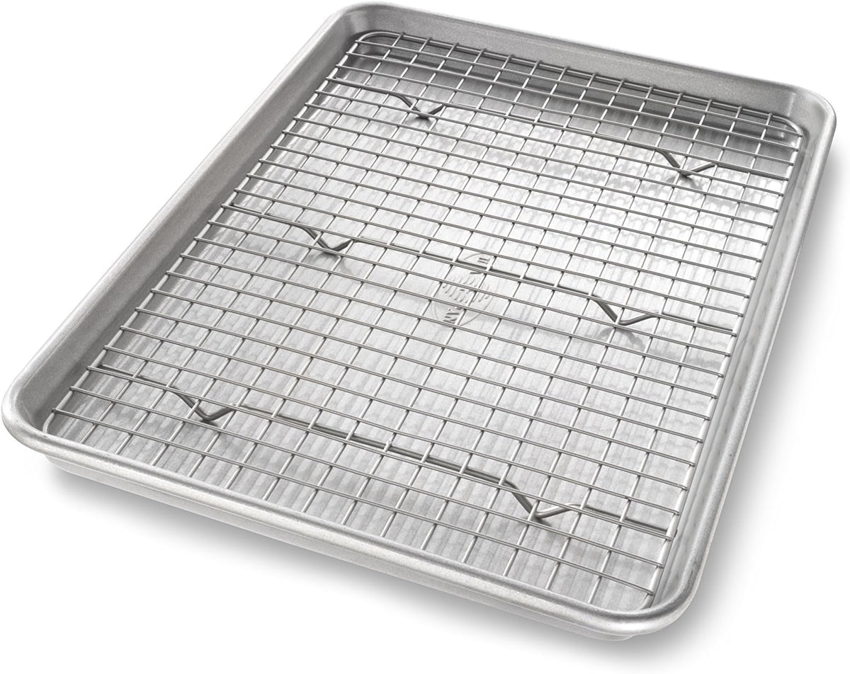 USA Pan Bakeware Quarter Sheet Baking Pan and Bakeable Nonstick Cooling Rack Set, Metal