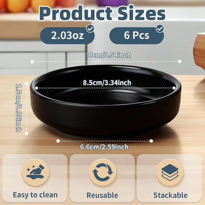 6 Pack 3.5 Inch Dipping Bowls Black Porcelain Ceramic